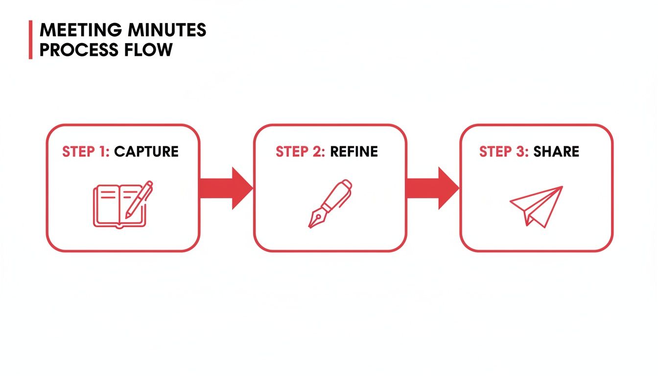 A flowchart illustrating the three-step process for meeting minutes: capture, refine, and share.