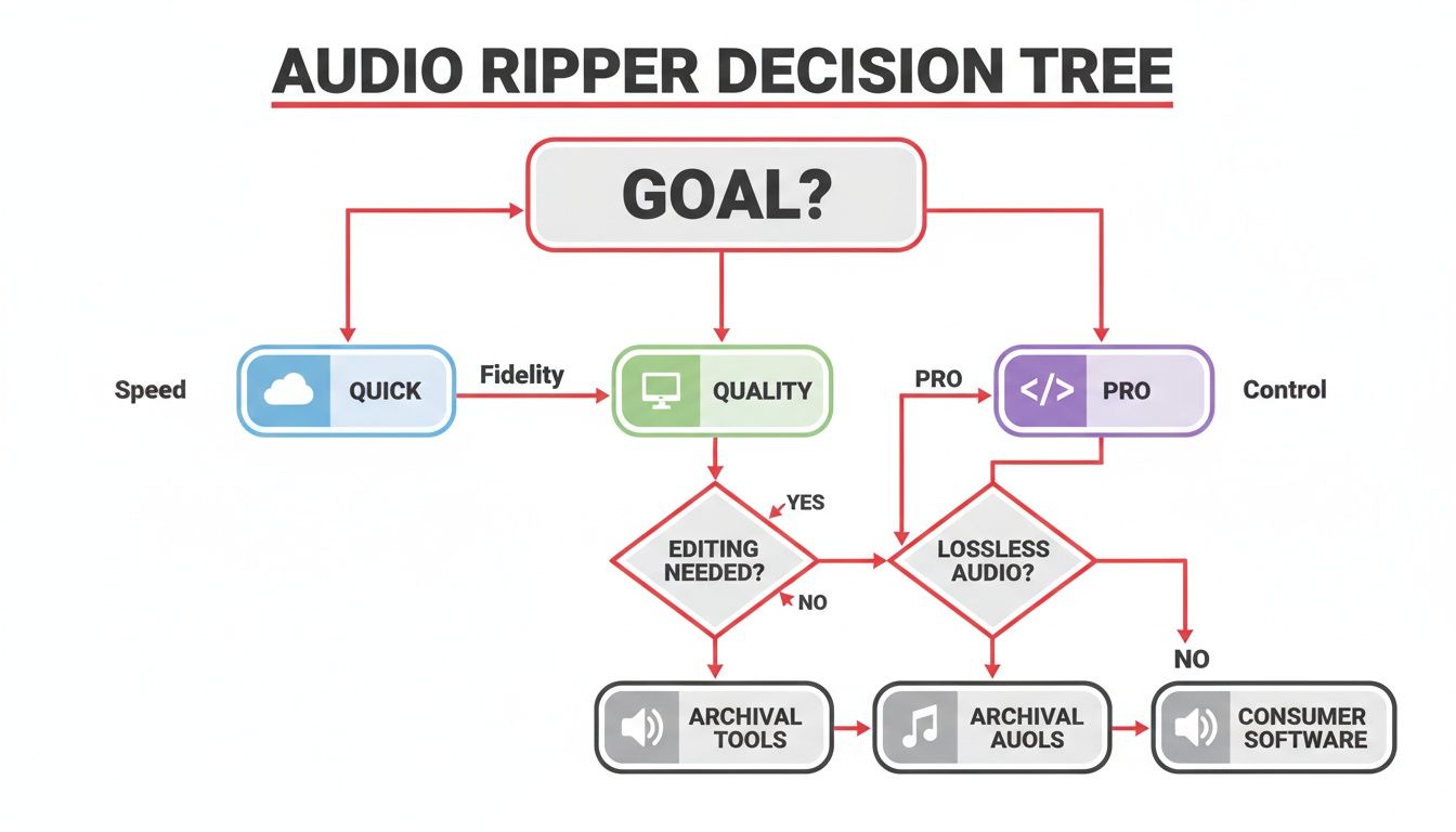 Flowchart outlining audio ripper choices based on speed, quality, editing, and lossless audio.