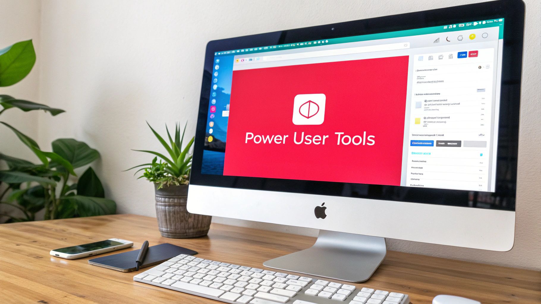 A modern workspace with an iMac displaying 'Power User Tools', a smartphone, and a keyboard on a wooden desk.