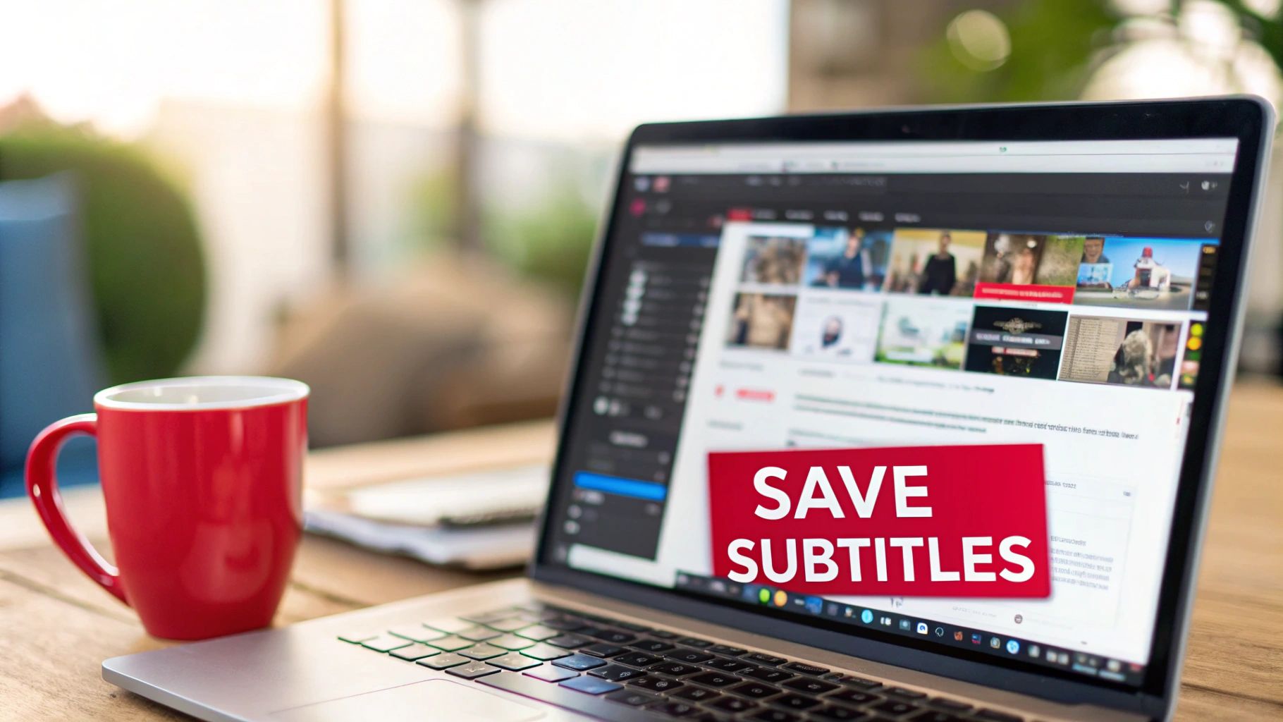 Laptop displaying video editing software with save subtitles text overlay and red coffee mug