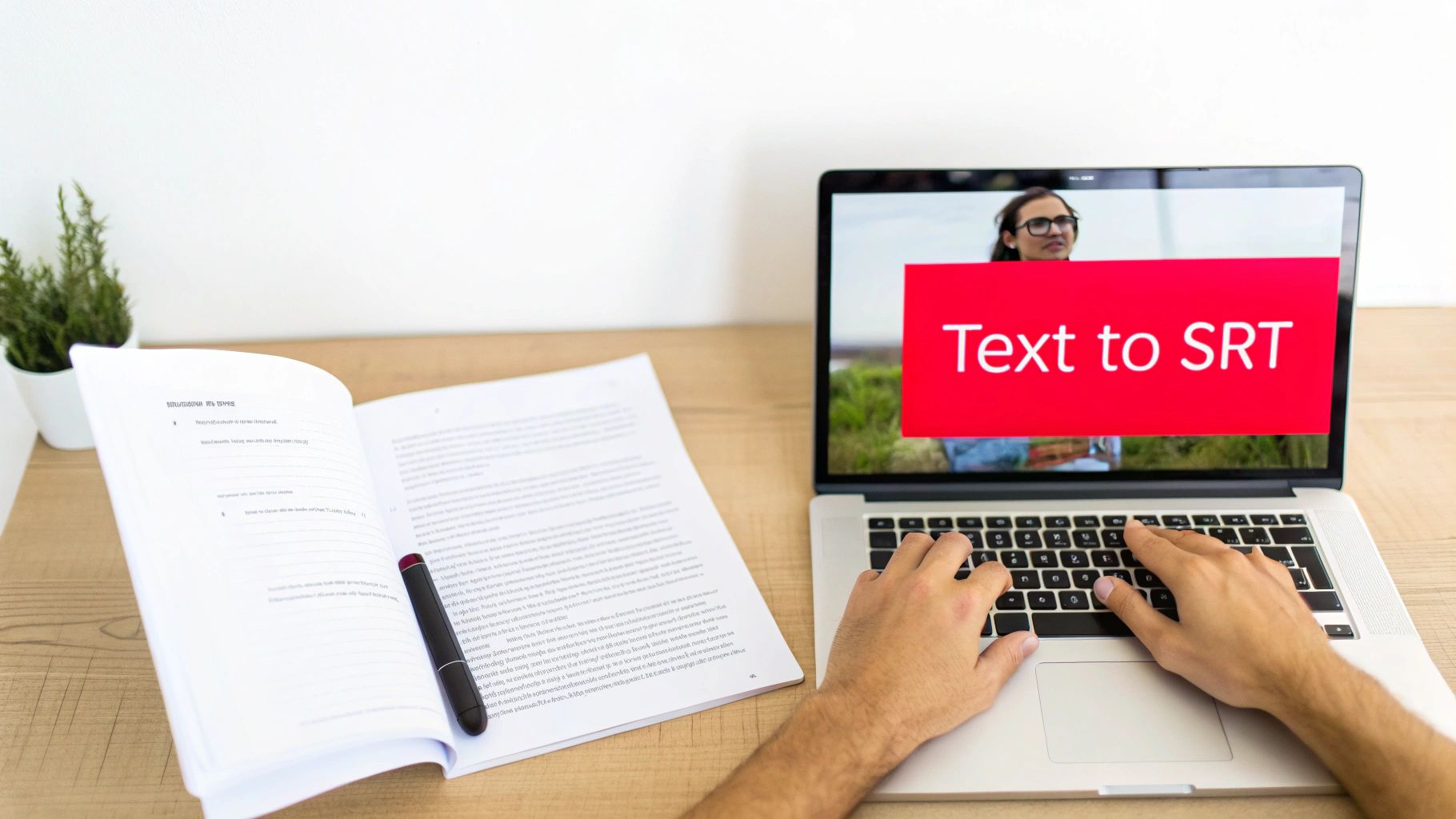 Person typing on laptop displaying text to SRT conversion interface during video conference call