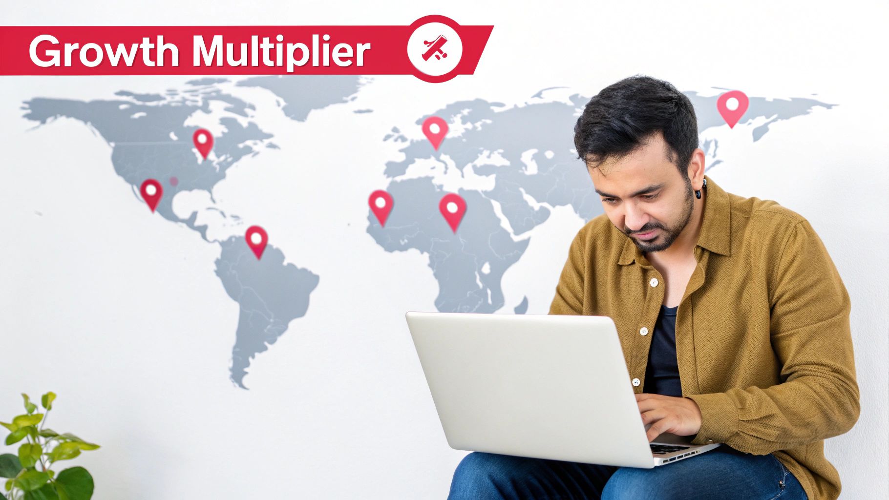 Man working on a laptop in front of a world map with location pins, representing global business.