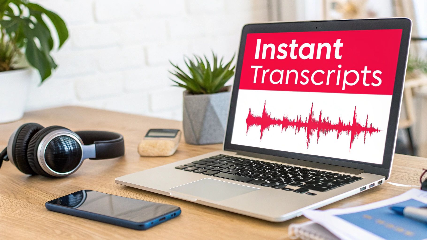 A laptop on a wooden desk displaying 'Instant Transcripts' with an audio waveform, alongside headphones and a smartphone.