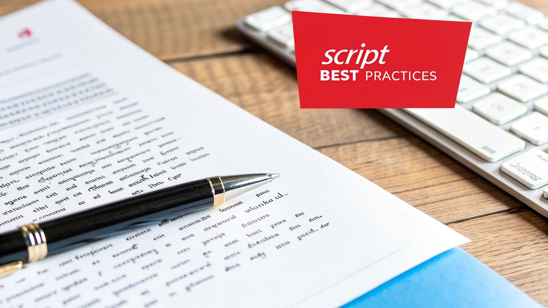 A close-up of a black pen resting on a document with handwritten text, next to a keyboard. A red graphic says 'script BEST PRACTICES'.