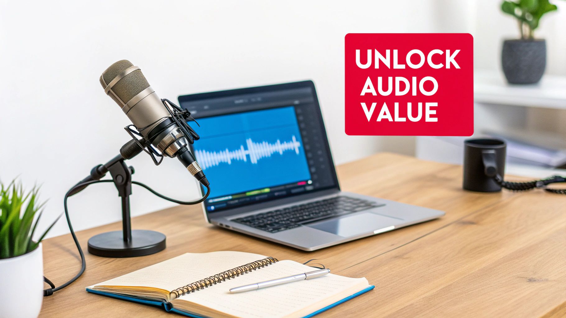 Professional microphone and laptop displaying audio waveform for podcast recording and transcription workflow