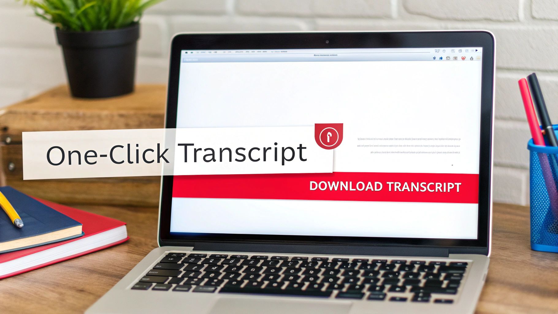A laptop screen showing 'One-Click Transcript' and a 'Download Transcript' button, with office supplies.