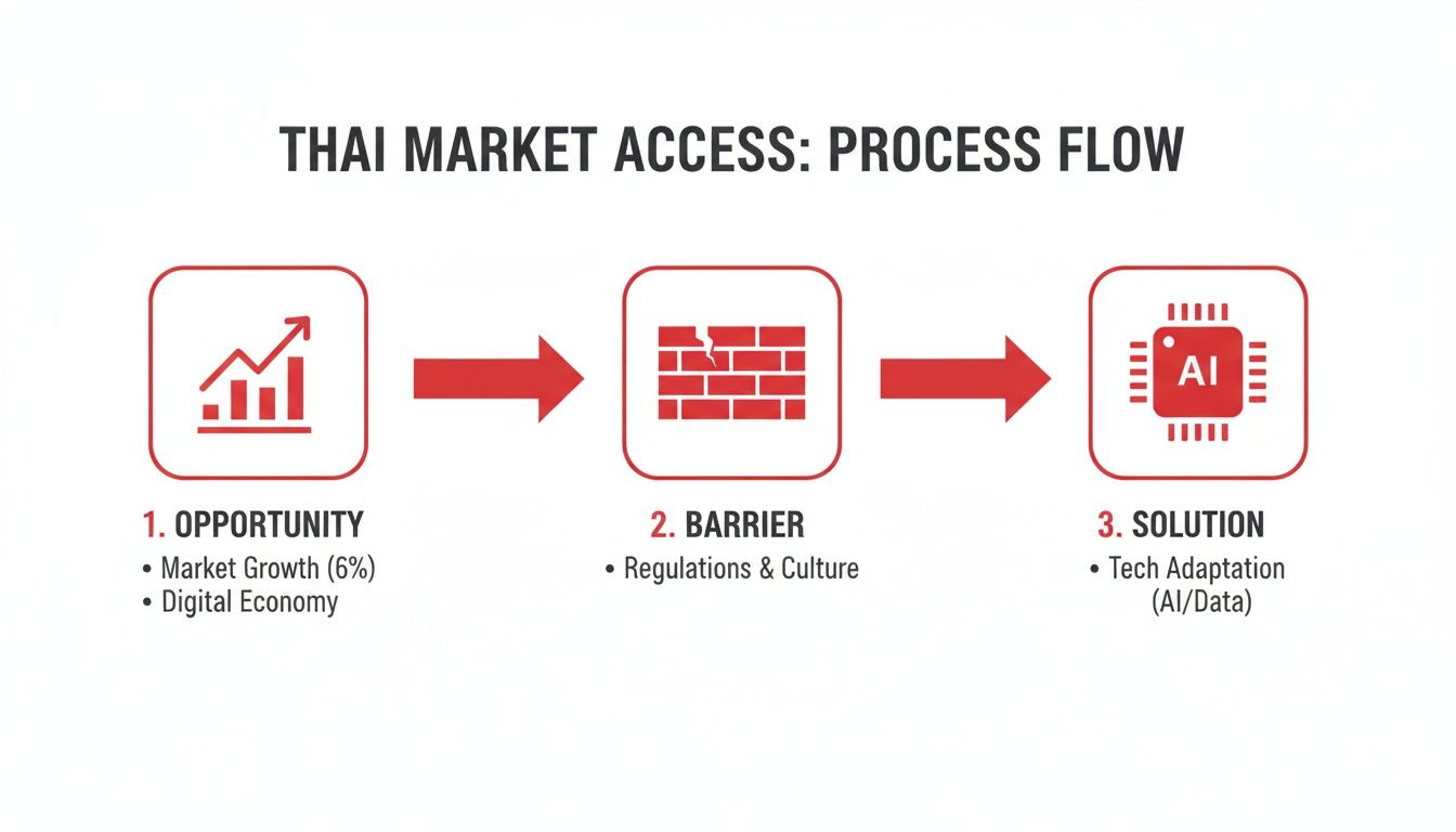 A three-step process flow for Thai market access, showing opportunity, barriers, and technology-driven solutions.