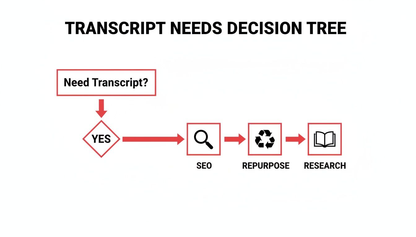 Decision tree illustrating the benefits of transcripts for SEO, content repurposing, and research.