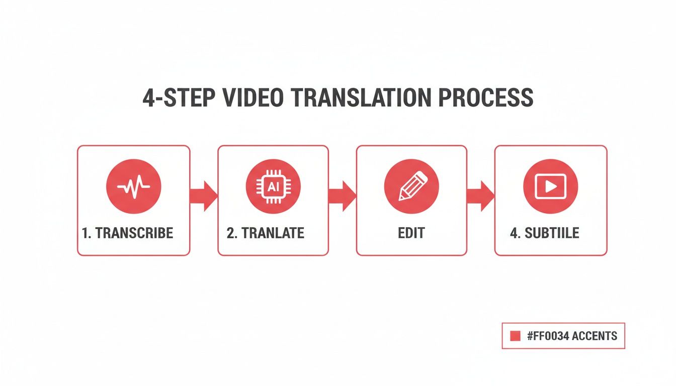 Infographic detailing a 4-step video translation process: transcribe, translate, edit, and subtitle.