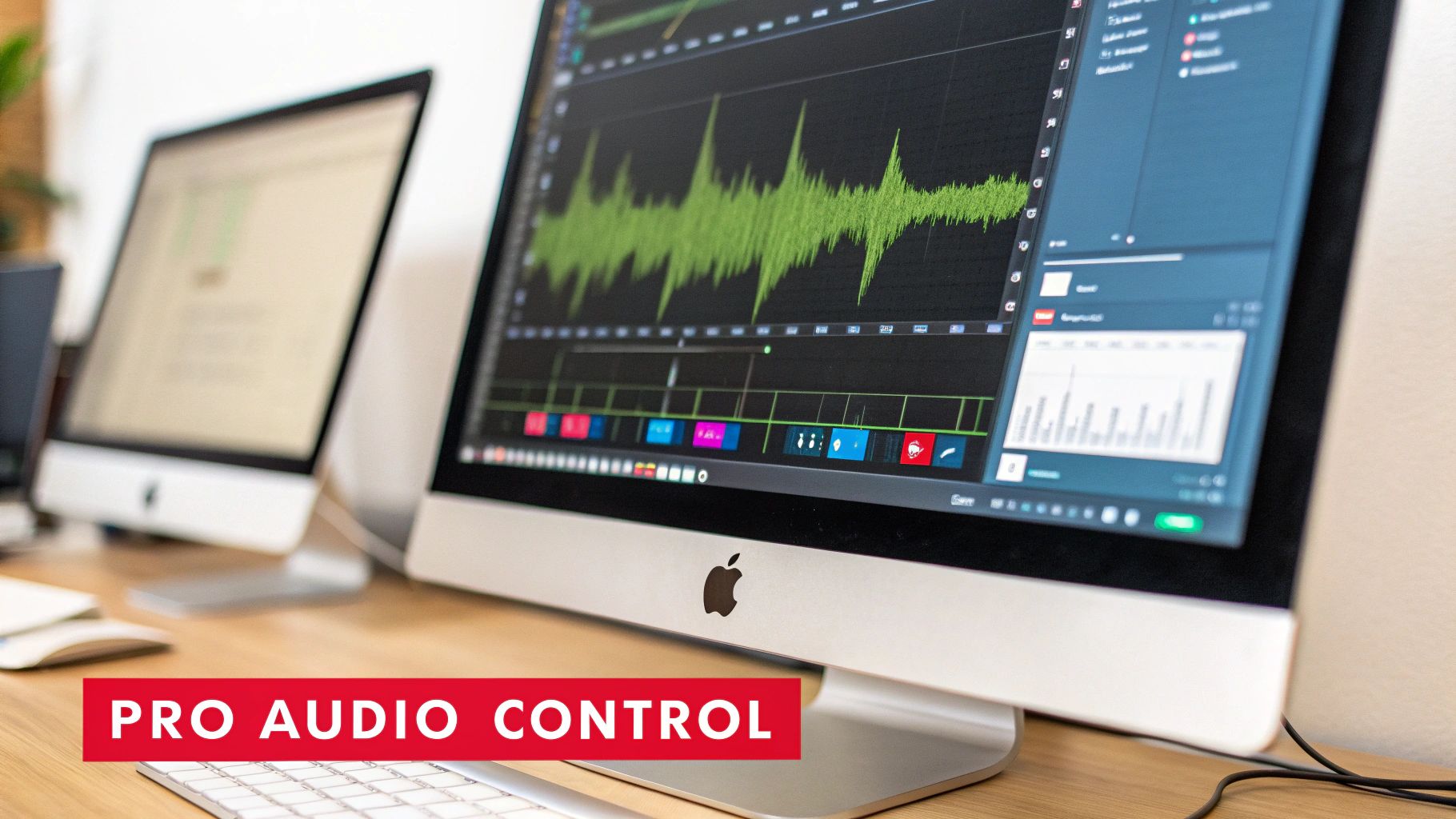 A professional audio control setup with two Apple iMacs displaying sound waveforms and editing software on a wooden desk.