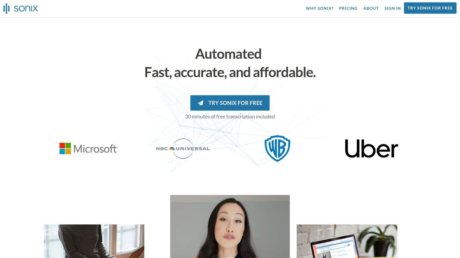 A screenshot of the Sonix online editor showing a transcribed video with timestamps and speaker labels.