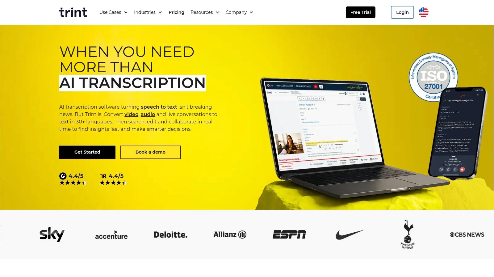 A screenshot of the Trint interface showing a video being transcribed with a focus on collaborative editing tools and speaker labels.