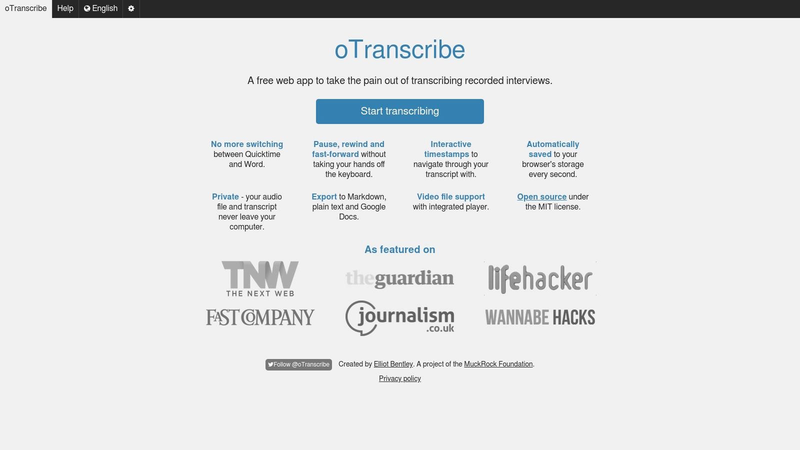 oTranscribe's user interface showing its simple text editor and media player controls.