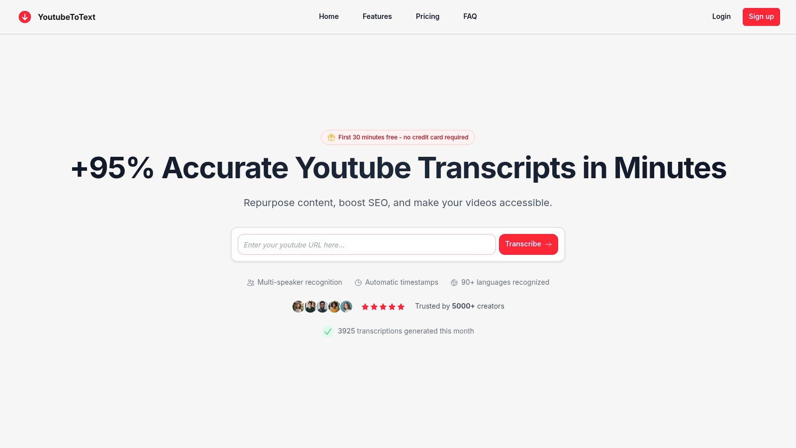 A screenshot of the YoutubeToText interface showing a Youtube link being pasted for transcription.
