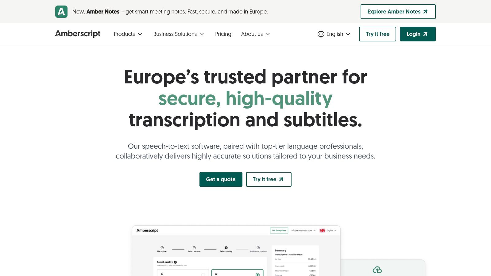Amberscript's homepage showing its focus on transcription and subtitling services.
