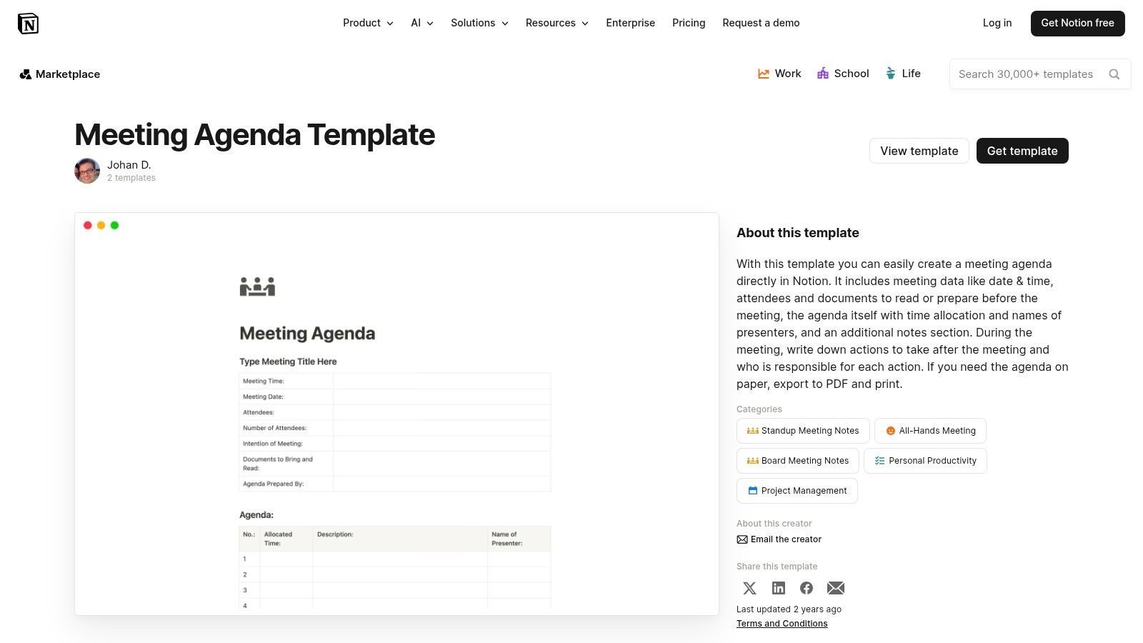 A Notion template for meeting agendas showing a database view with columns for topic, presenter, and status.