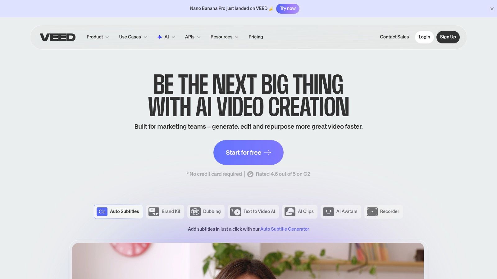 A screenshot of the VEED.io interface showing a video being edited with automatically generated subtitles on the timeline.