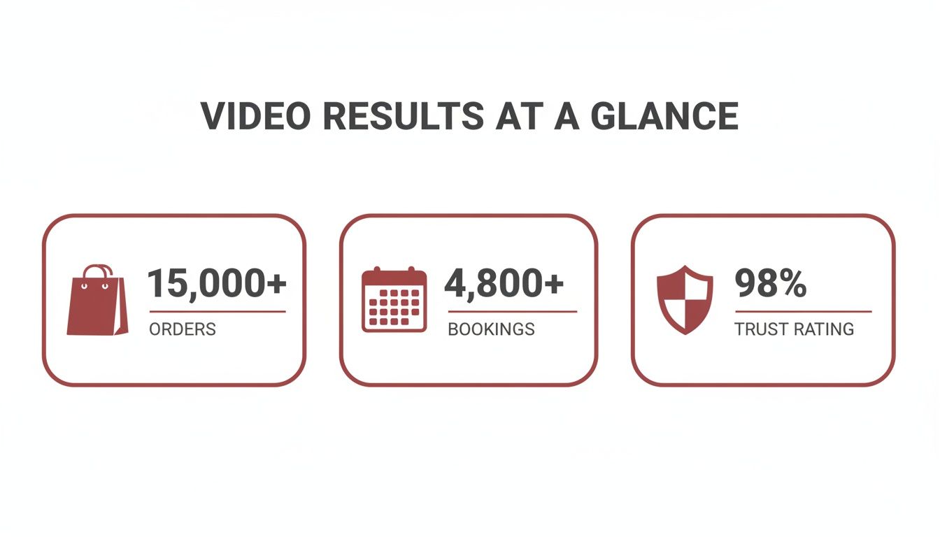 Infographic showing video service results: 15,000+ orders, 4,800+ bookings, and 98% trust rating.