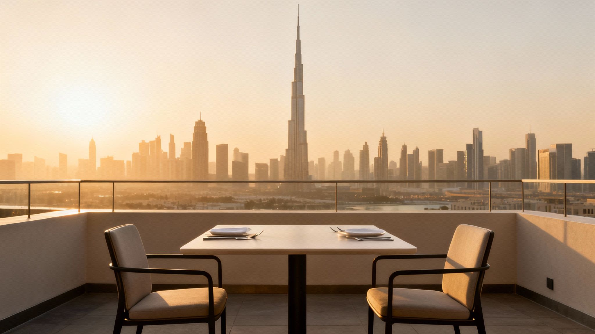 Rooftop terrace overlooking Dubai skyline and Burj Khalifa at sunset with a set dining table for two.
