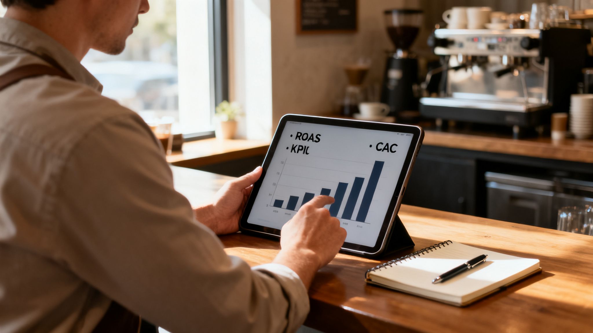Man examining digital marketing performance data on a tablet in a cafe, with a notebook.