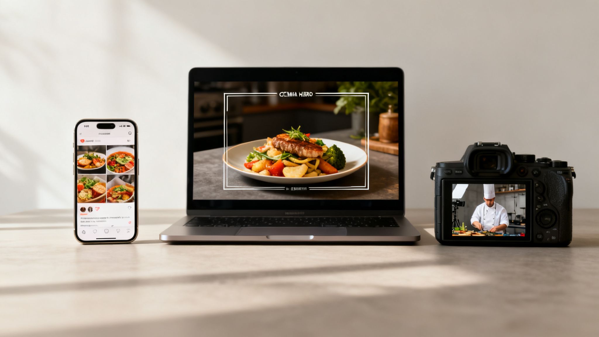 A smartphone, laptop, and camera displaying food photography and video production content.