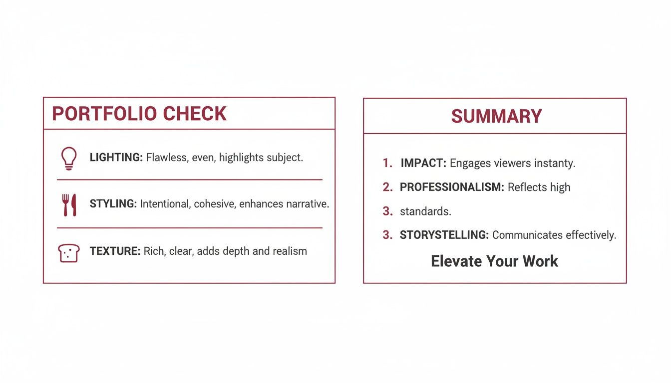 A visual guide detailing portfolio check criteria including lighting, styling, and texture, with a summary for elevating professional photography work.