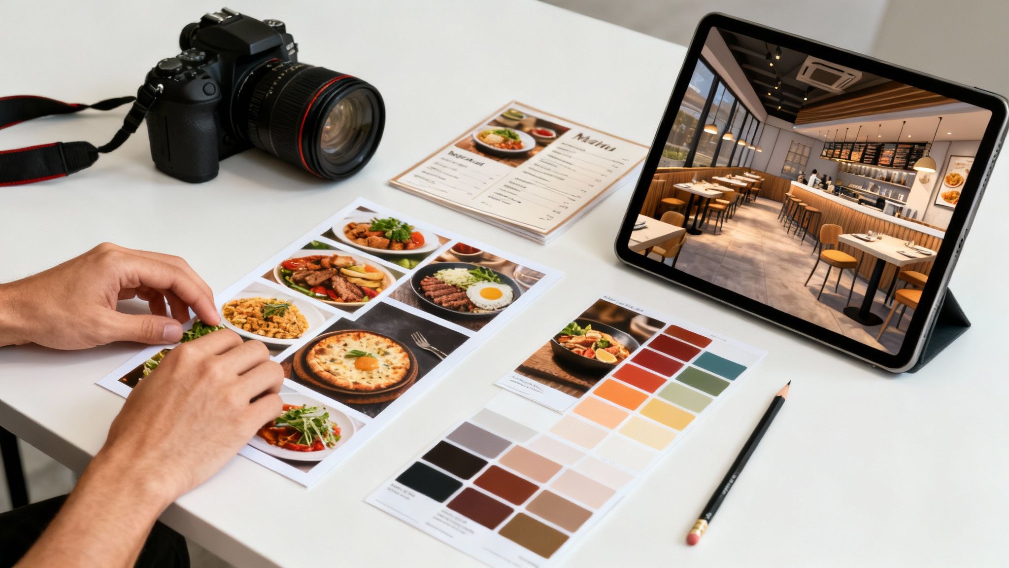 Hands arranging food photos for a restaurant menu design, with a camera, tablet, and color swatches.