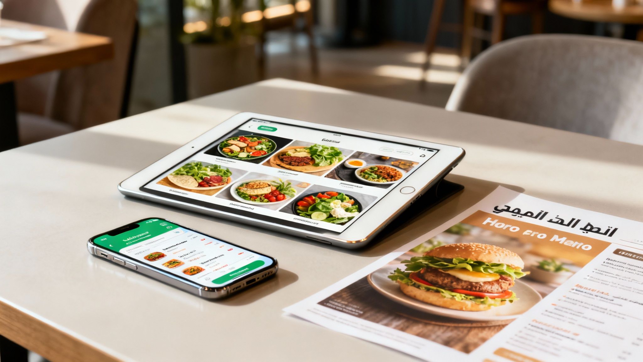 Digital and physical restaurant menus displayed on a table in a bright cafe setting.