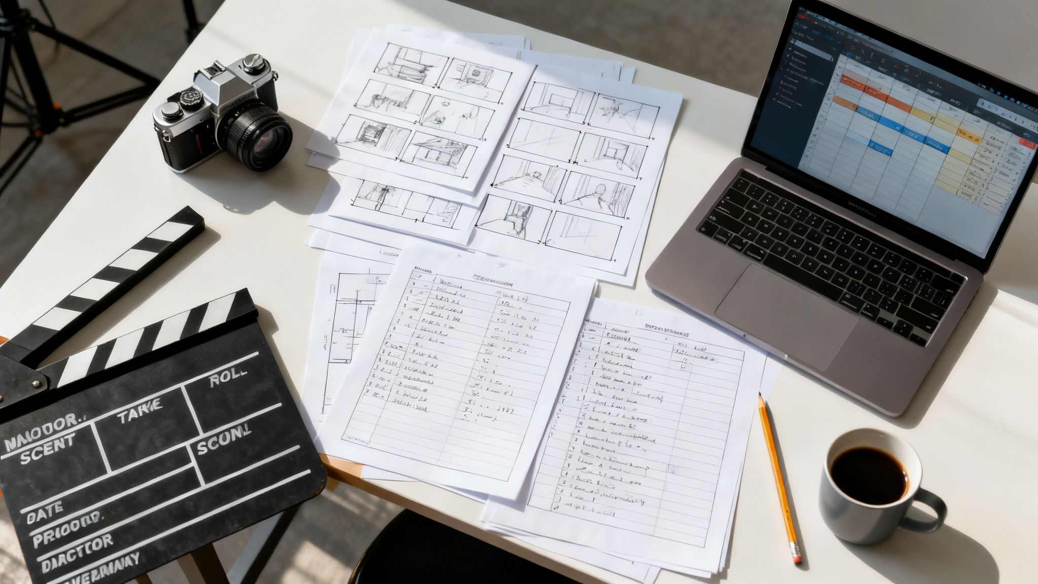 A top-down view of a filmmaker's desk with a clapperboard, camera, storyboards, and a laptop.