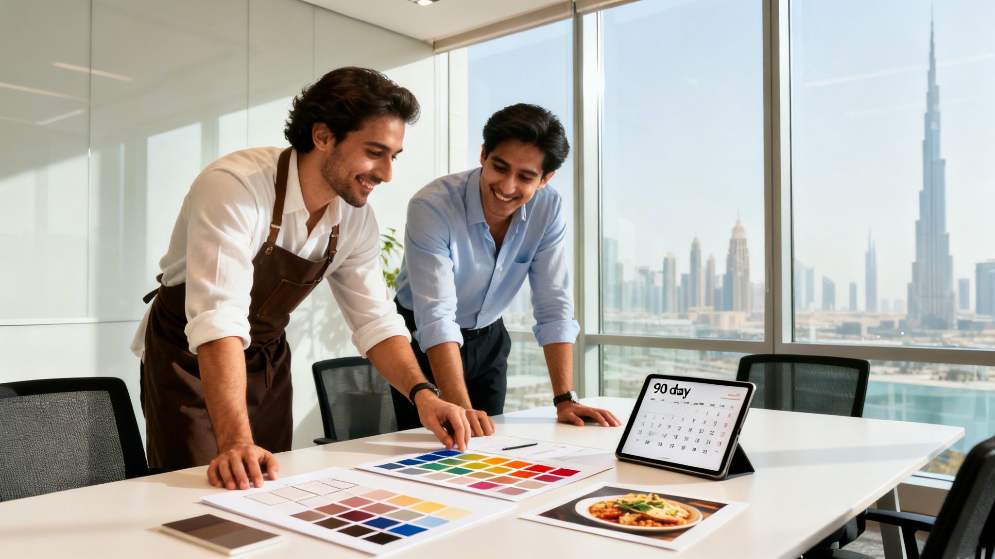 Two smiling men in a Dubai office discussing color palettes and food images for a project.