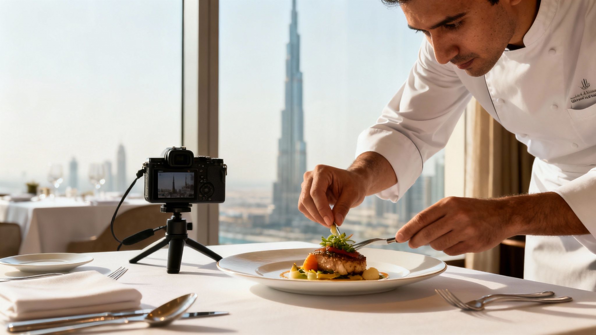 A chef meticulously plates a gourmet dish for a camera, overlooking Dubai's Burj Khalifa.
