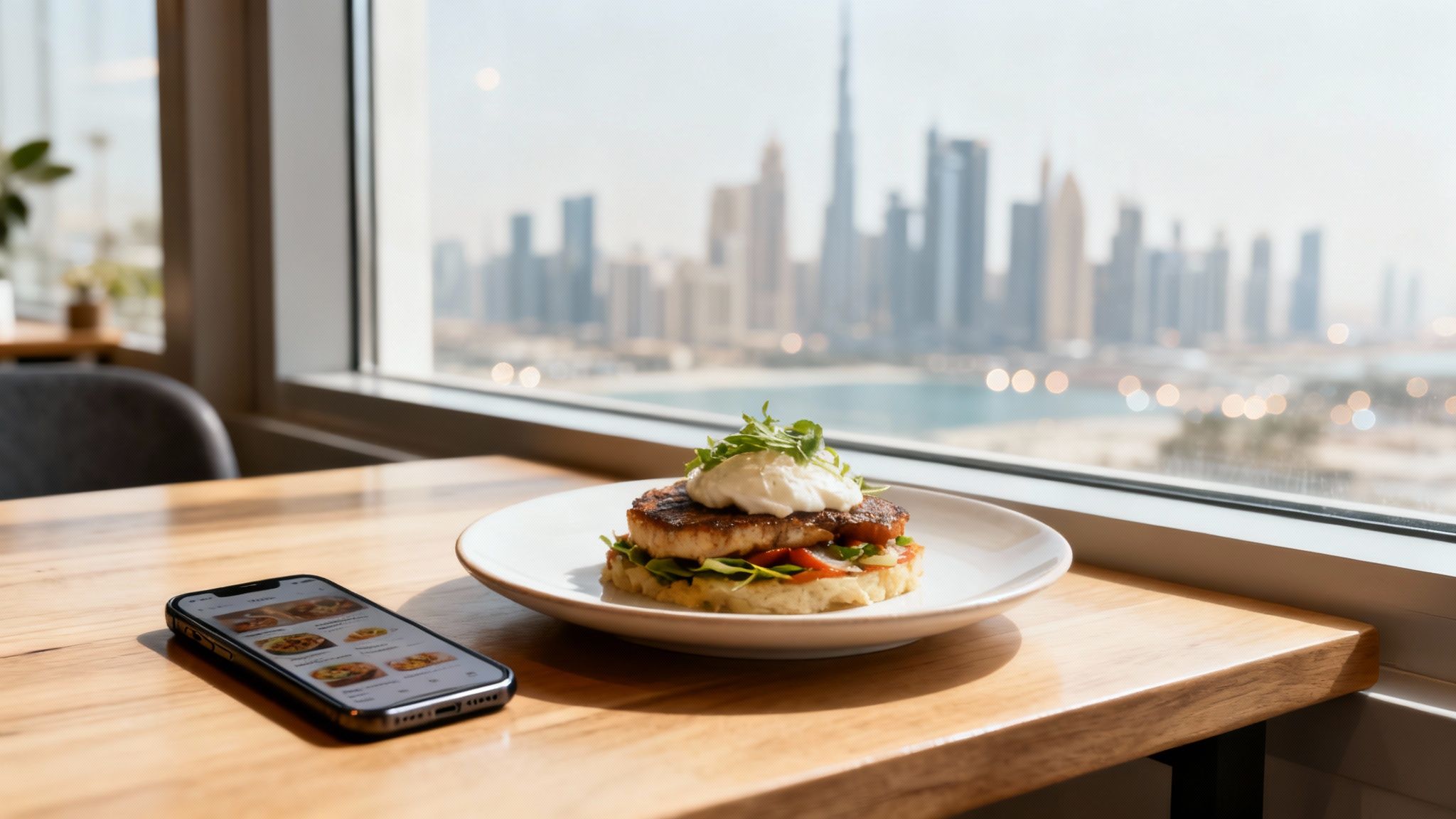 A gourmet meal with a creamy topping, a smartphone, and the iconic Dubai skyline in the background.