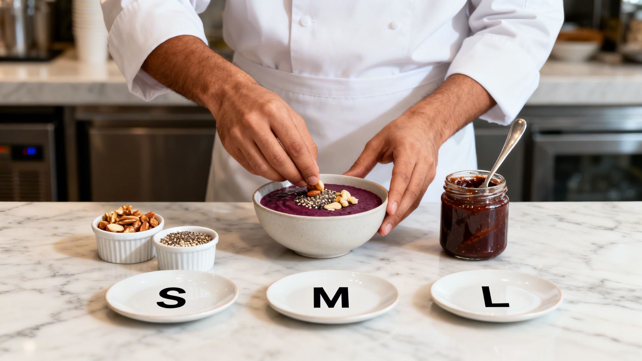 A chef's hands garnish a purple acai bowl with nuts and seeds on a marble counter.