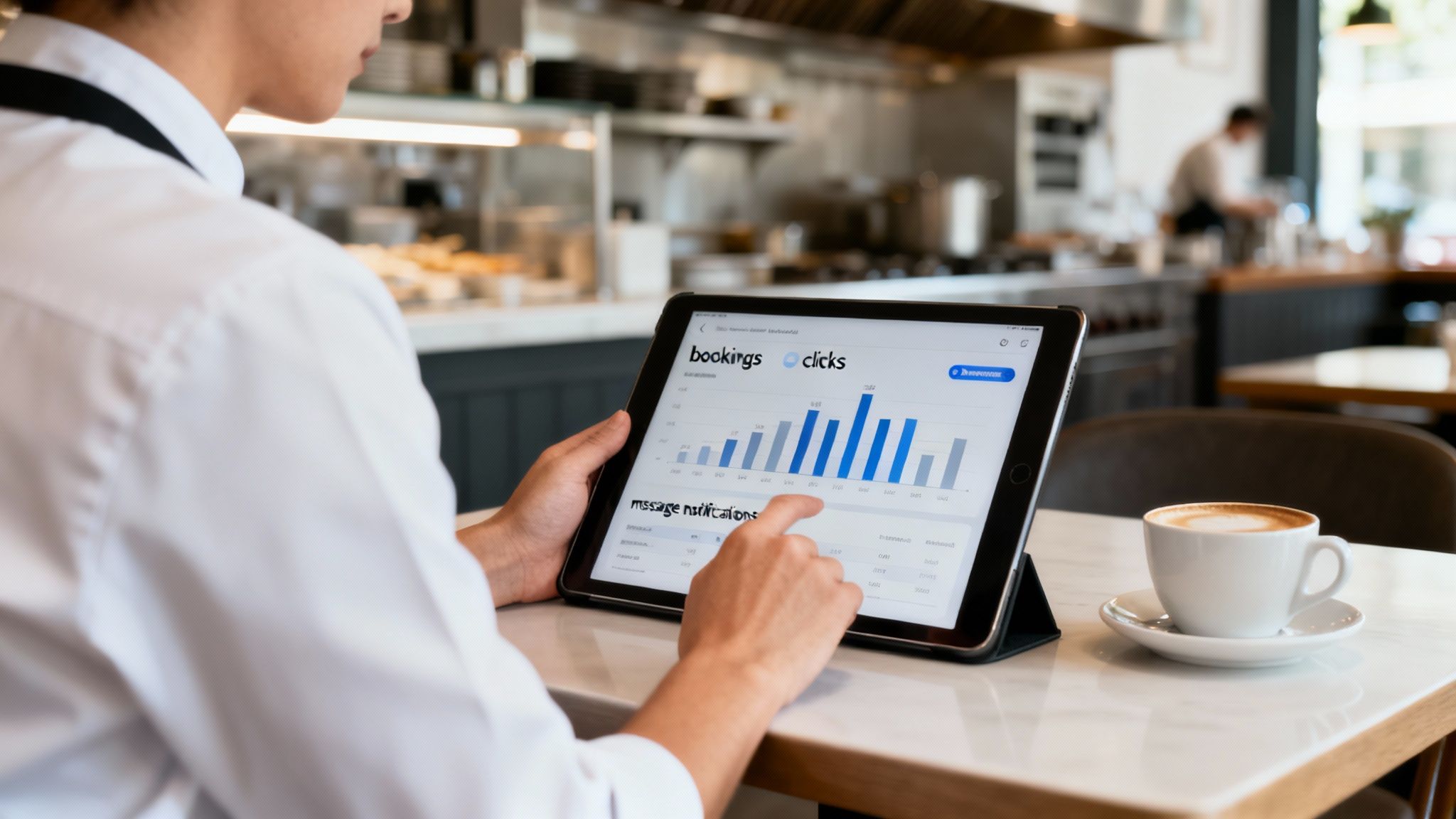 Person in a cafe analyzing bookings and clicks data on a tablet next to a coffee.