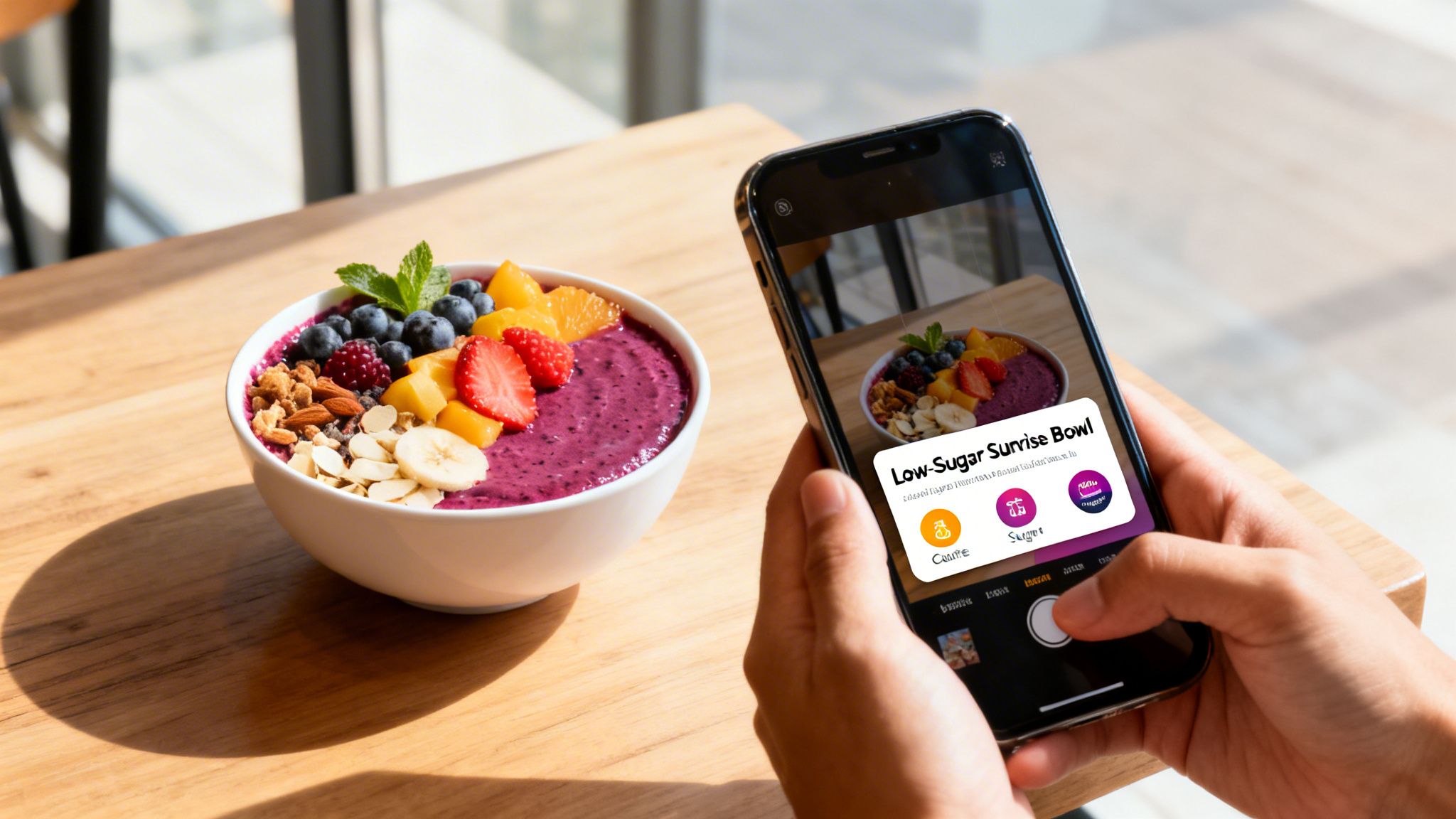 Person uses a smartphone to photograph a vibrant, healthy low-sugar sunrise bowl on a wooden table.
