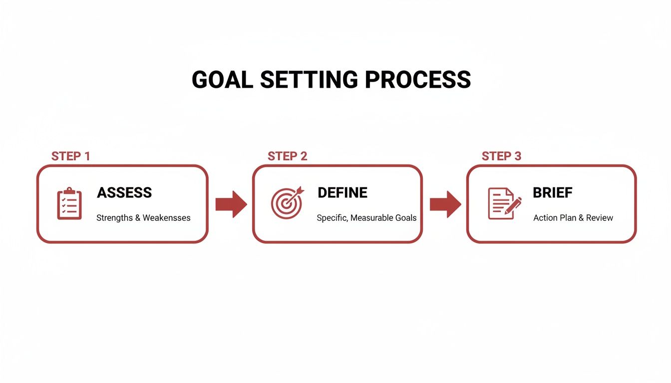 A three-step goal setting process diagram showing assess, define, and brief stages.