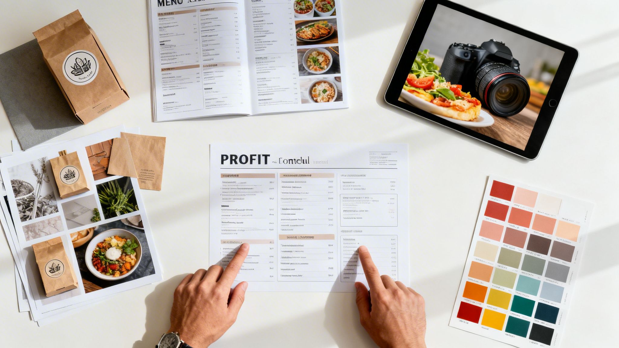 Top-down view of a graphic design workspace with hands reviewing a 'PROFIT' document, color palettes, and food branding.