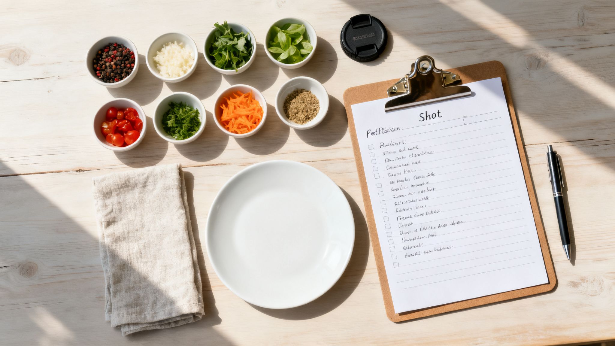 Flat lay of colorful food preparation ingredients, a checklist for a 'Shot,' and a plate on a wooden table.