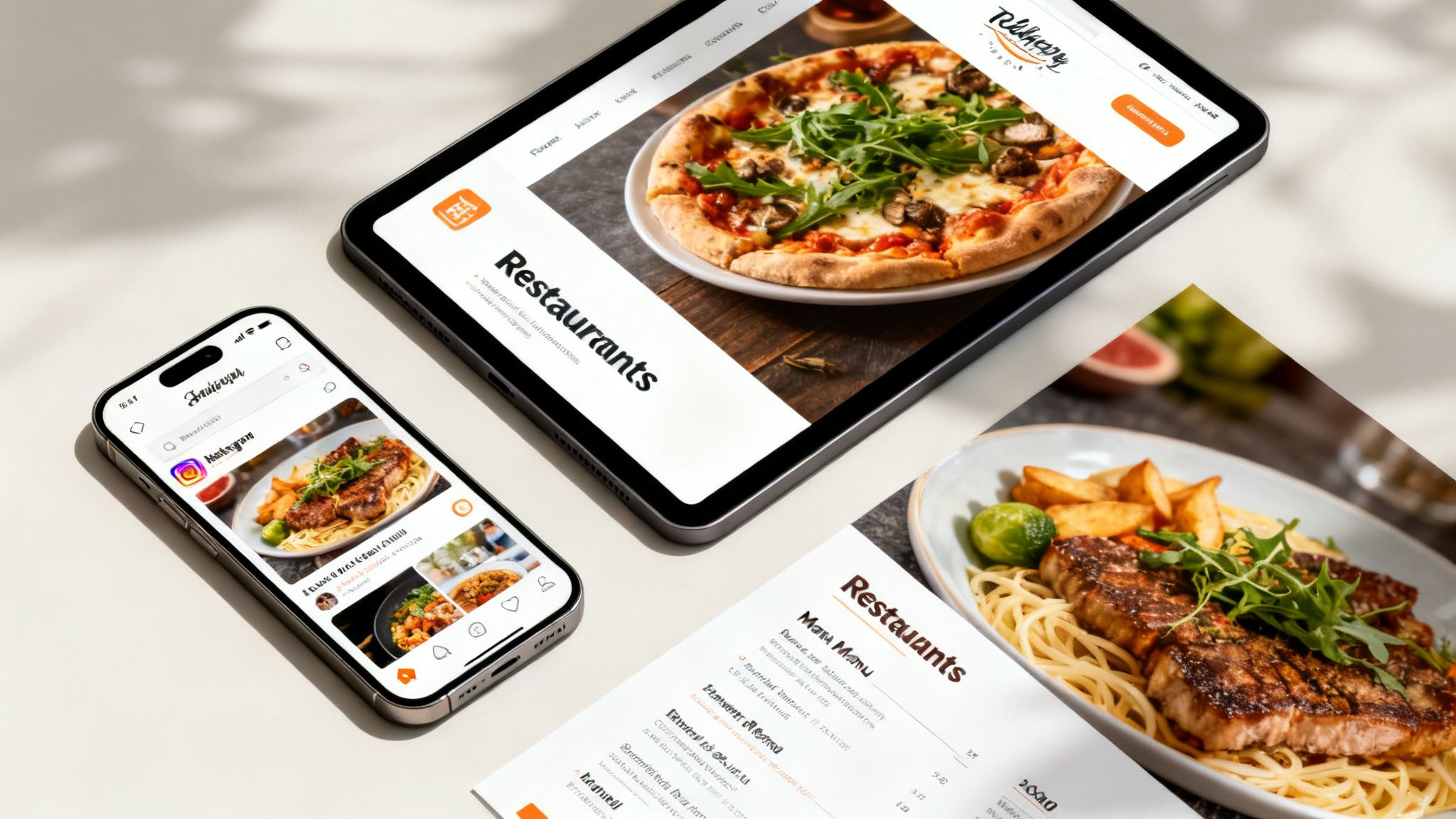 A flat lay showing a smartphone, tablet, and print menu, all featuring delicious restaurant food.