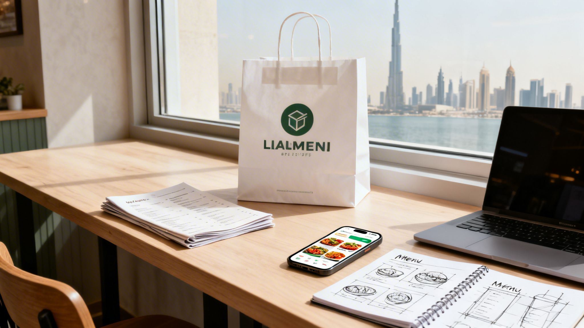 A Lialmeni paper bag, phone with food app, laptop, and menus on a desk overlooking the Dubai skyline.