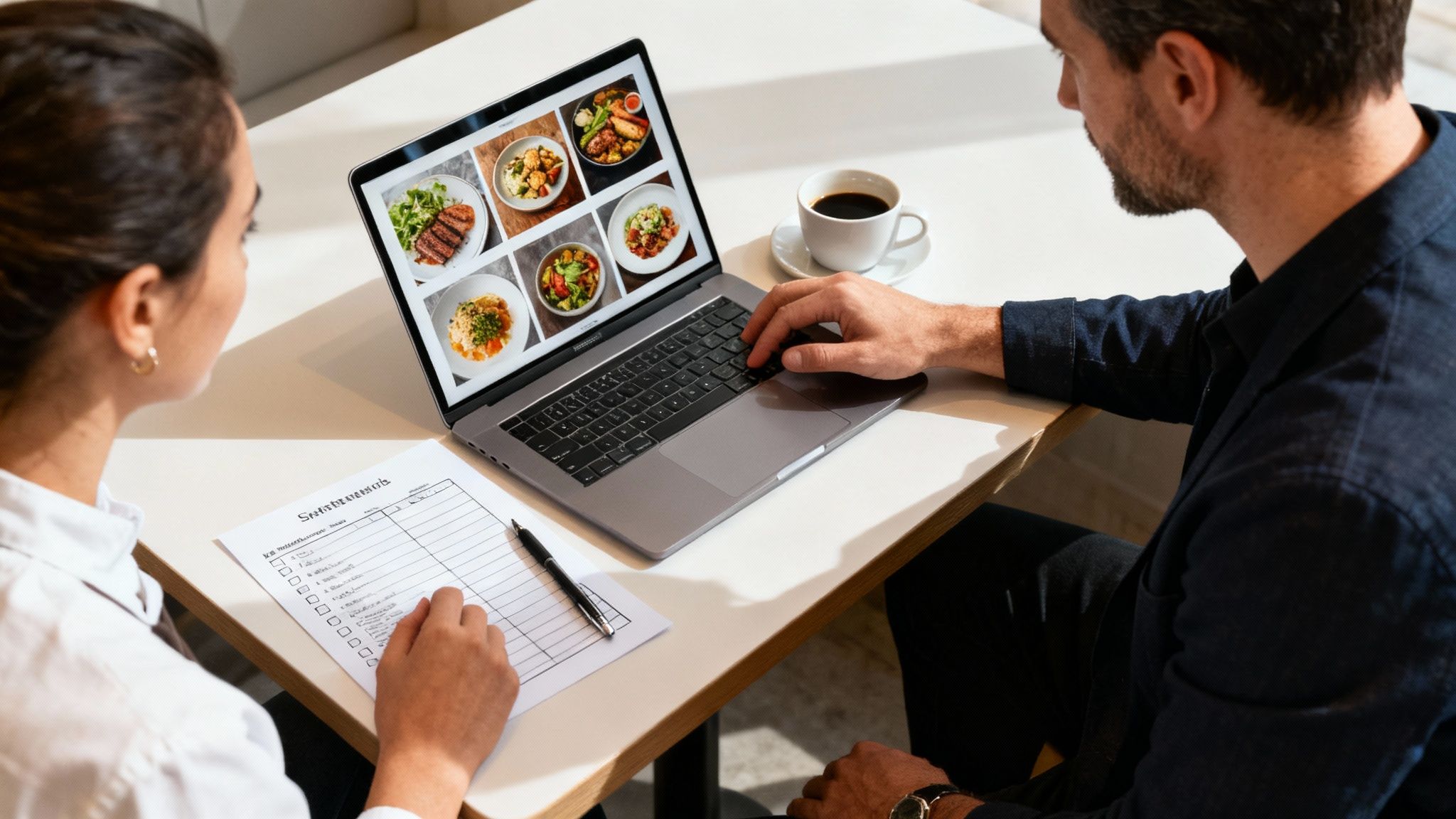 Two professionals review food images on a laptop, with one taking notes on a checklist.