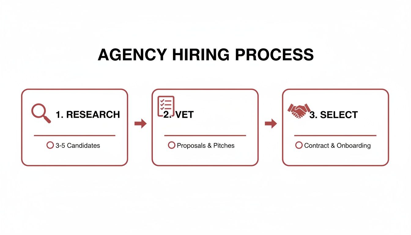 A flowchart illustrating the agency hiring process in three steps: research, vet, and select.