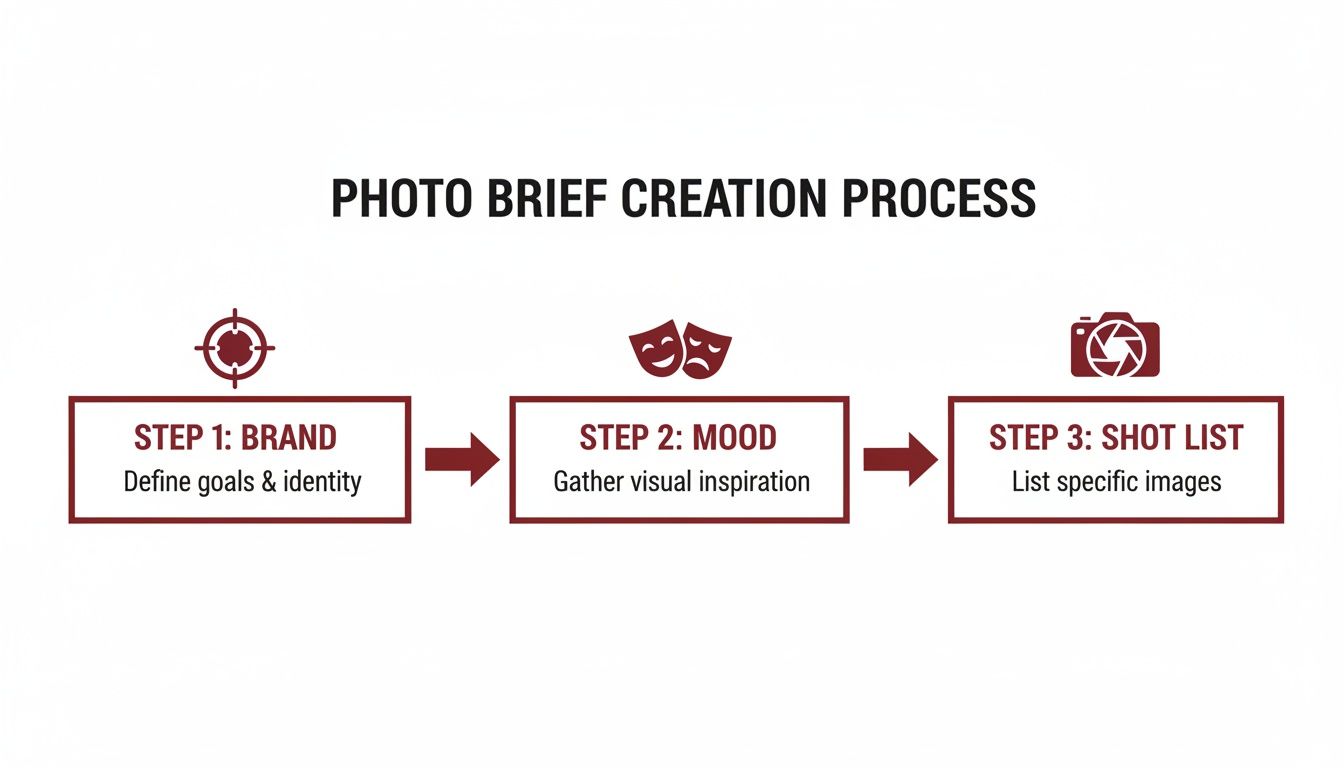 Infographic illustrating the photo brief creation process: Brand (target), Mood (masks), and Shot List (camera).