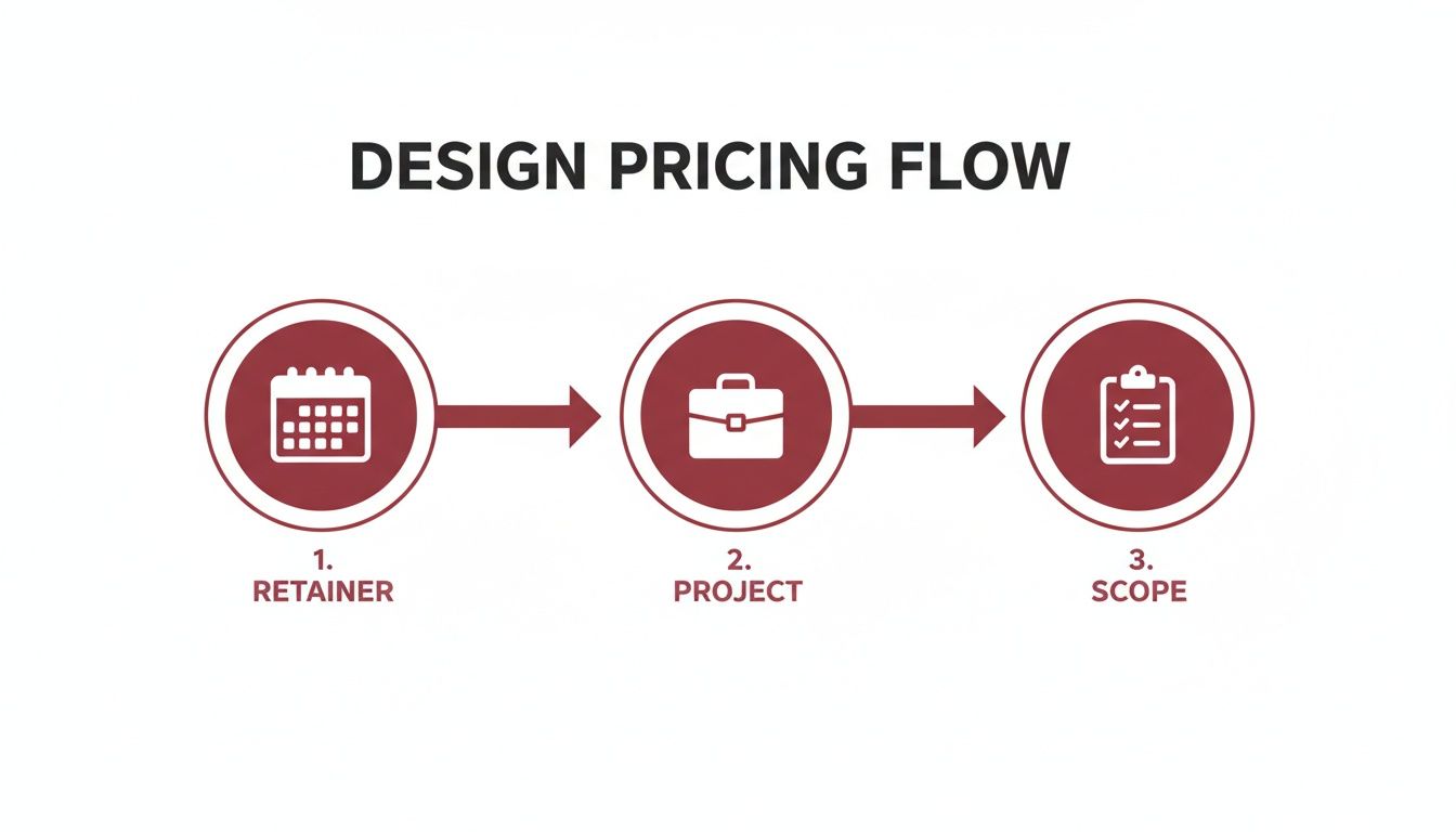 A design pricing flow diagram illustrating three steps: Retainer, Project, and Scope with icons.