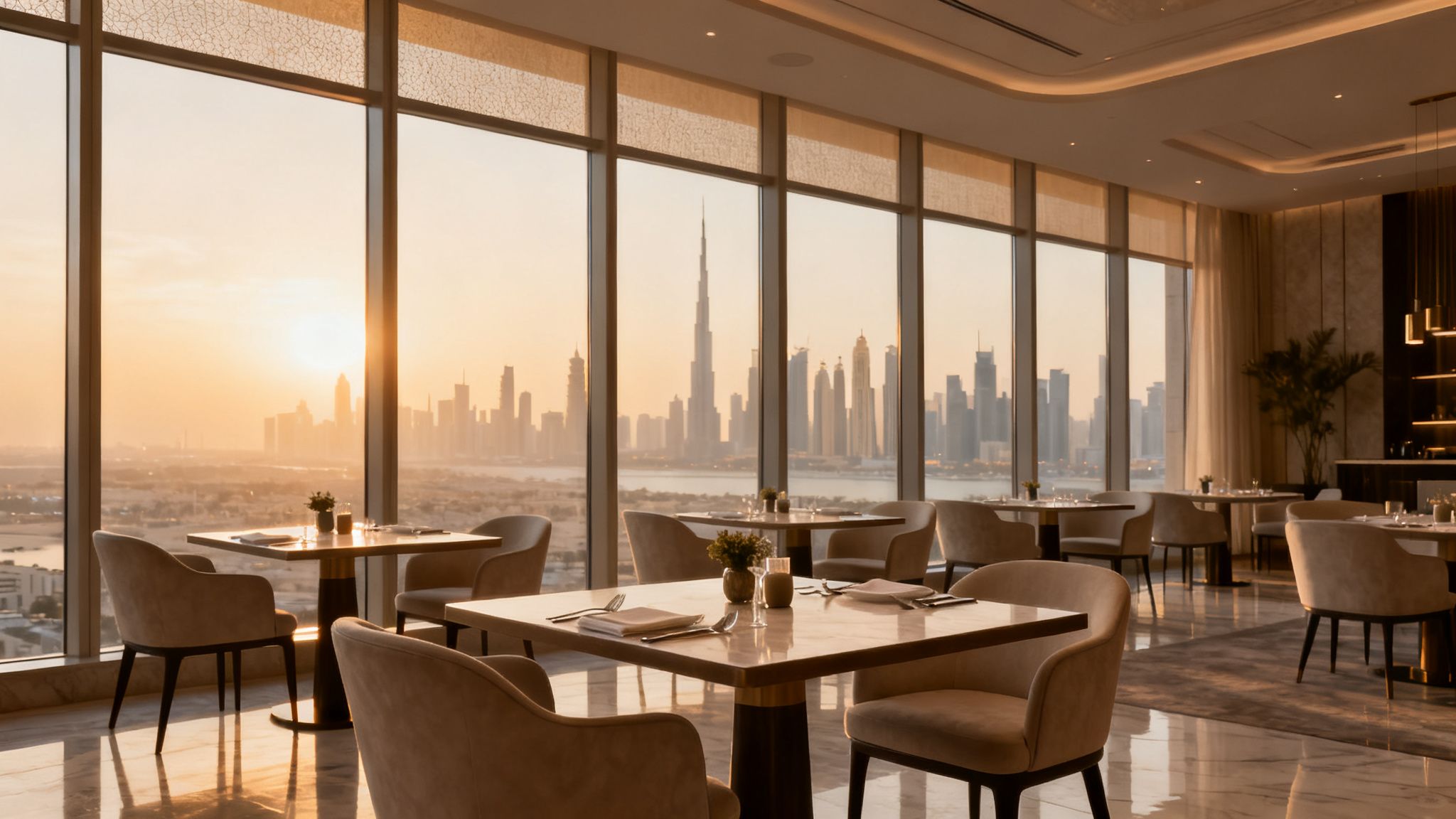 A luxurious restaurant with large windows overlooking the Dubai skyline and the Burj Khalifa at sunset.