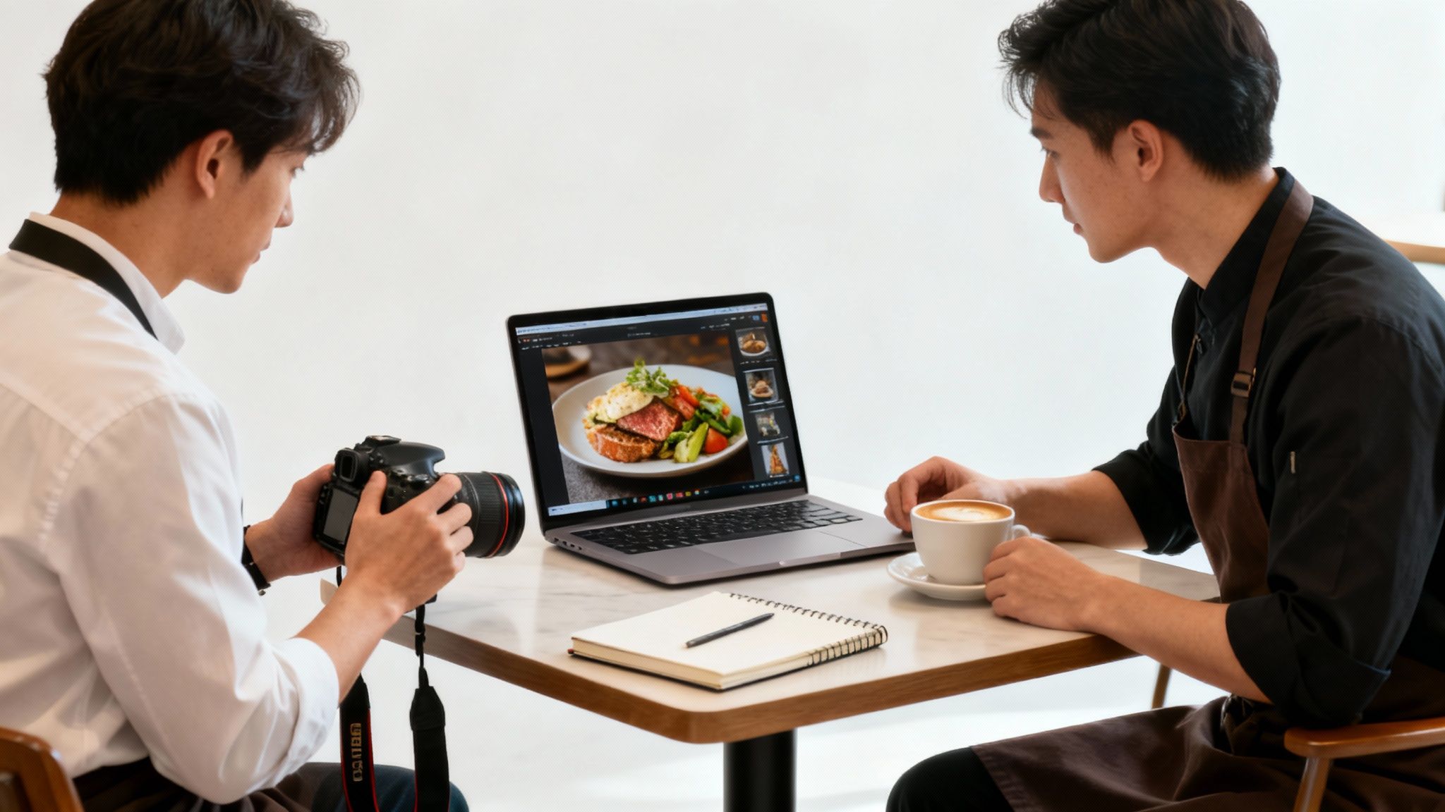 Photographer and chef review food photos on a laptop, discussing the shots in a cafe.