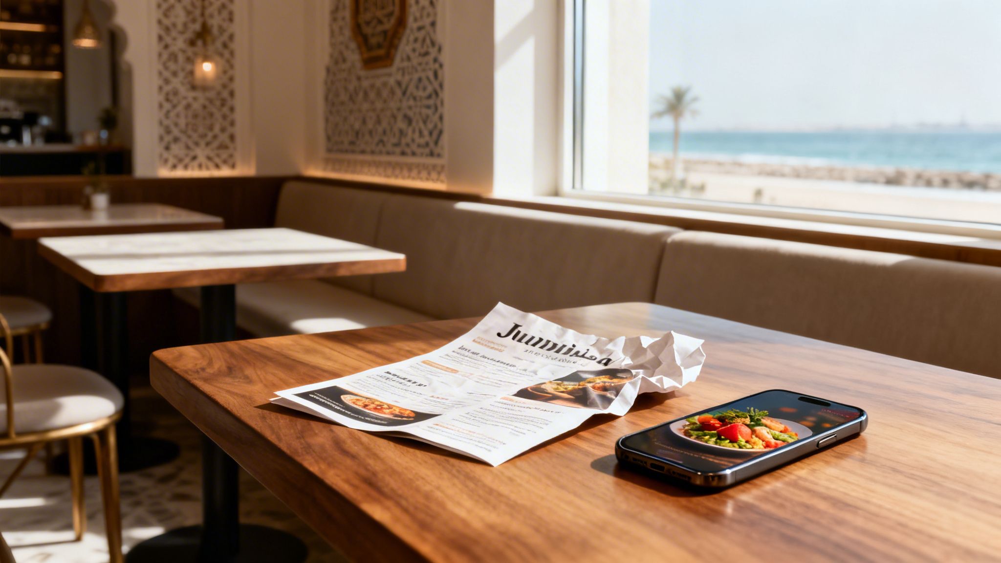 A restaurant table with a menu and phone showing food, overlooking a sunny beach and sea.