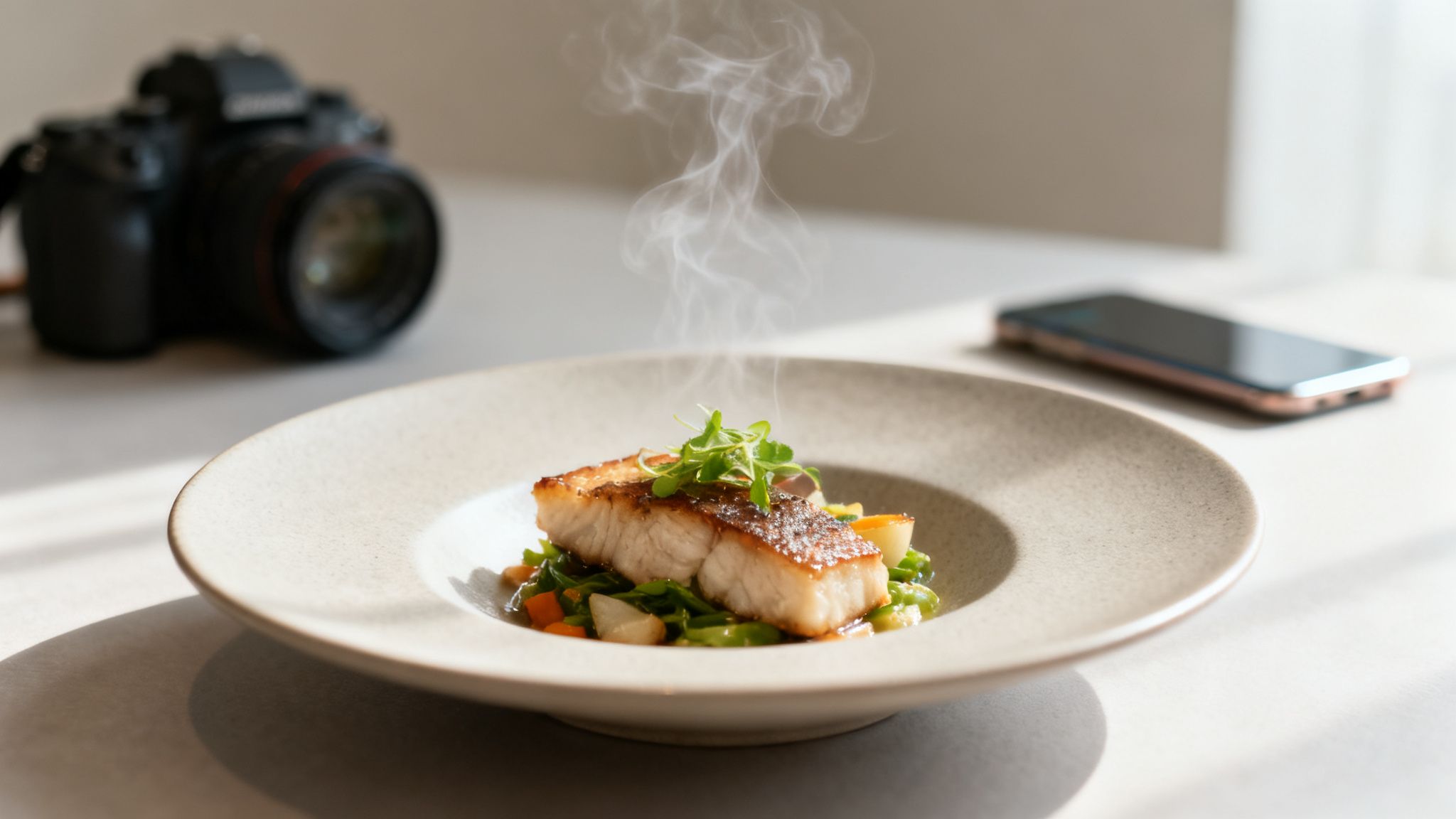Steaming pan-seared fish with vegetables on a plate, with a camera and phone in the background.