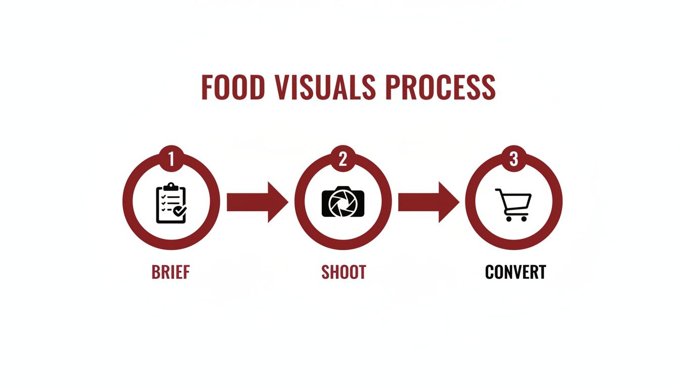A three-step flowchart illustrating the food visuals process: Brief, Shoot, and Convert.