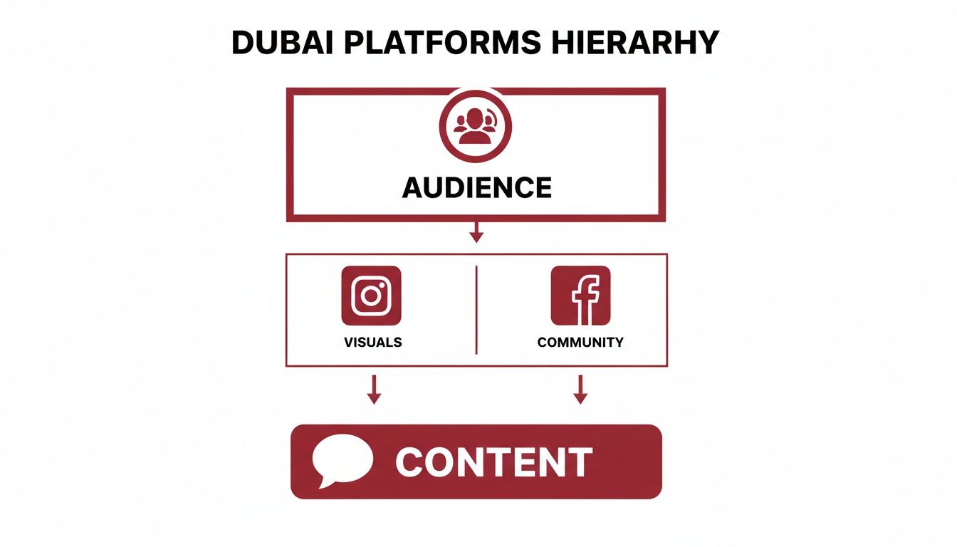 A social media platforms hierarchy for Dubai, showing audience leading to Instagram visuals and Facebook community, culminating in content.